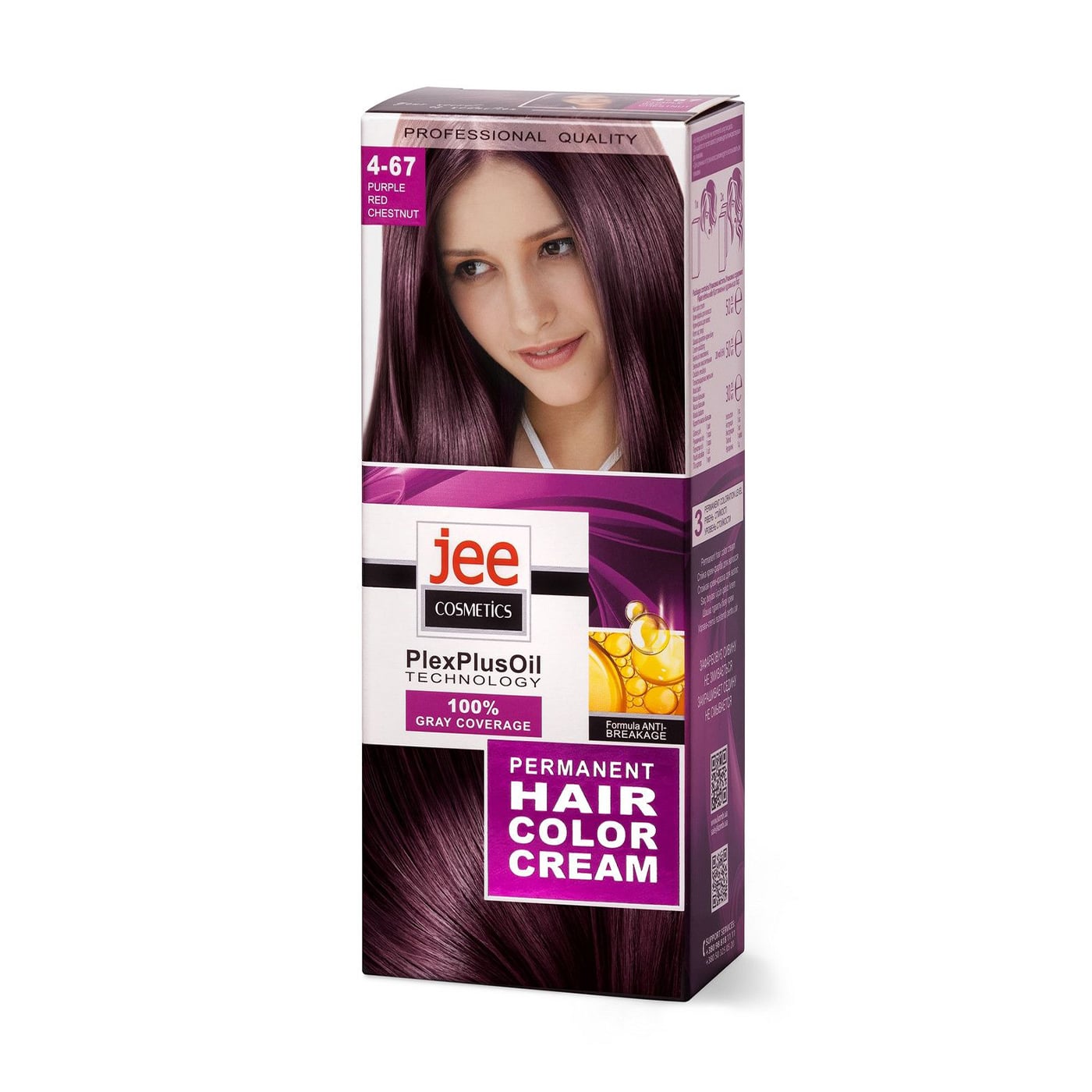 Стійка крем-фарба для волосся Jee Cosmetics Permanent Hair Color Cream 4-67 Фіолетово-червоний каштан, 115 мл